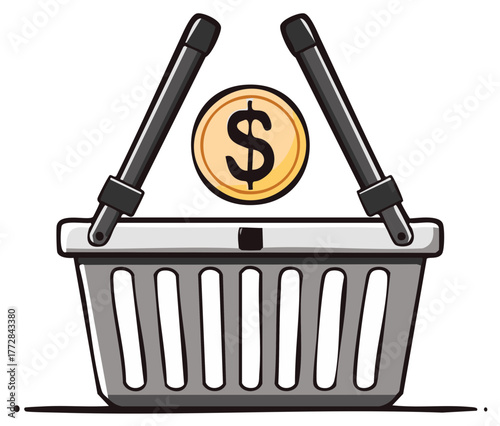 Shopping Basket Holding a Dollar Coin: Consumerism, Finance, and Retail Economy Concepts