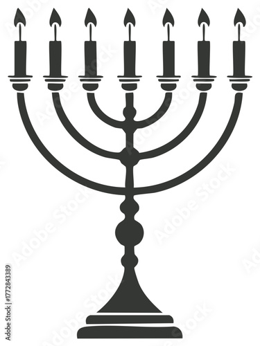 Monochrome silhouette of a menorah with lit candles, traditional symbol.