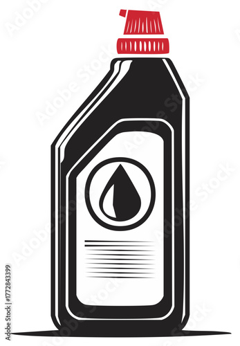 Black and White Illustration of a Motor Oil Bottle with Red Cap and Oil Drop Icon on Label
