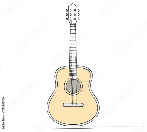 Illustration of a classic acoustic guitar with a light yellow body and black outline