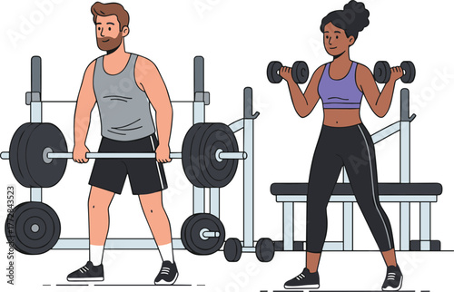Weightlifting, gym, cartoon, fitness, workout, strength, barbell, dumbbells, exercise, training, health, motion, active, muscles, routine, squat rack, bench, athletic, indoor, power