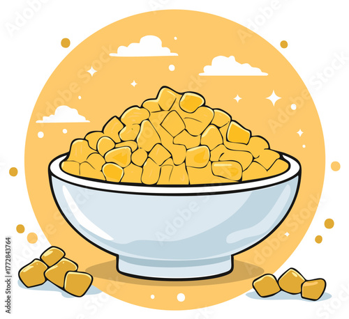 Bowl filled with chopped yellow corn kernels illustration on bright background with decorative clouds and stars graphic