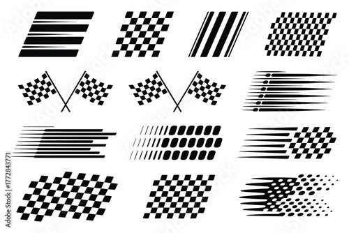 Motorsport vector graphics collection with checkered flags, finish line patterns, speed stripes for car decals, racing banners, and high energy automotive illustrations