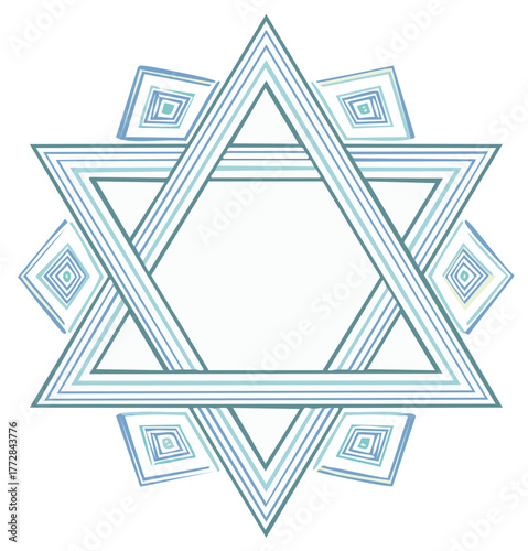 Intricate Magen David Star of David symbol with linear patterns and blue-green geometric design