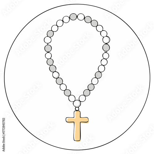 Illustration of a simple rosary with beads and a cross on a white circular background