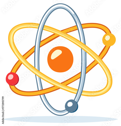 Vibrant illustrative atom with orbiting electrons and central nucleus symbolizing science technology physics