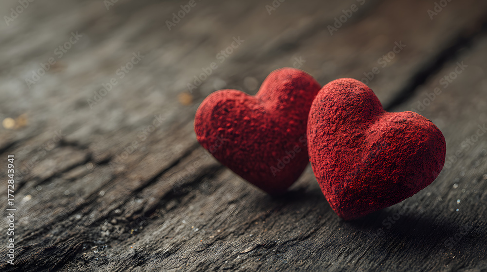 Fototapeta premium Twin red hearts on a timeworn wooden background. Old-style love card. A heartfelt message in classic design. Valentineâ€™s Day gift showing two red hearts made from clay.
