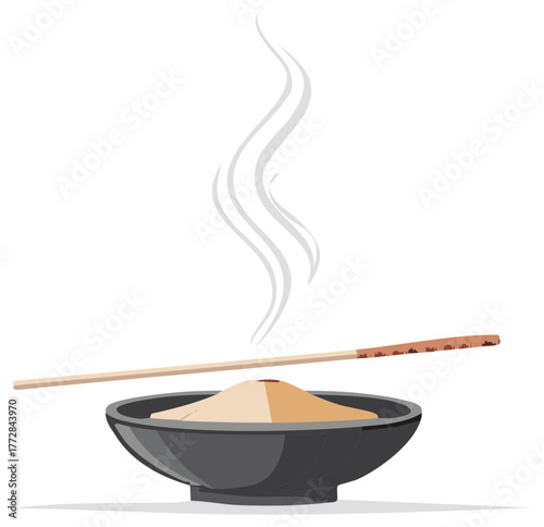 Aromatic incense stick burning in a black ceramic bowl with sand emitting soothing smoke vapor for meditation and wellness