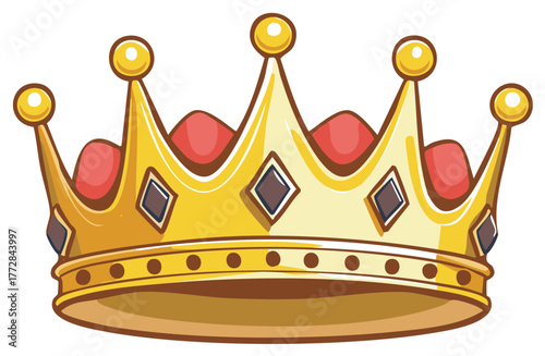 Gold crown cartoon illustration of royal headwear for a king or queen with precious gems