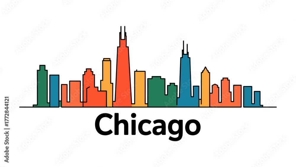 Fototapeta premium Chicago Skyline Silhouette: The iconic skyline of Chicago, a striking silhouette of skyscrapers with the city name, a visual representation of urban elegance.