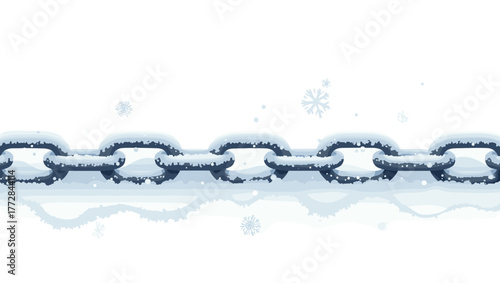 Close-up of snow-covered anchor chain with frost crystals and snowflakes on reflective surface, winter symbolism concept