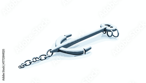 Tilted metallic snow-covered anchor chain on bright white snow surface, marine winter still life concept