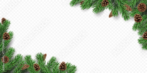 Vector frame with pine tree branches with cones and shadows, isolated on a transparent background. Holiday border fir tree branch for winter banner, poster, greeting card.
