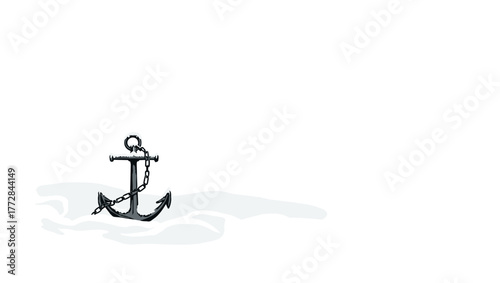 Half-buried snow-covered anchor chain emerging from snowdrift under soft winter light, frozen marine concept