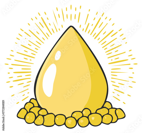 Bright golden liquid drop illustration with radiating light rays resting on a bed of small yellow spheres