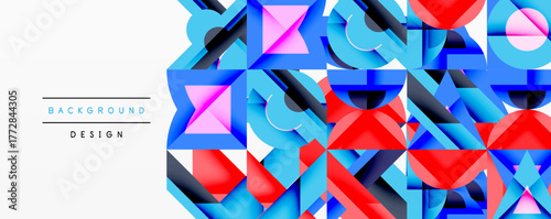 Abstract geometric shapes create vibrant background. Blue, red, pink dominate design with white space. Modern, dynamic composition.