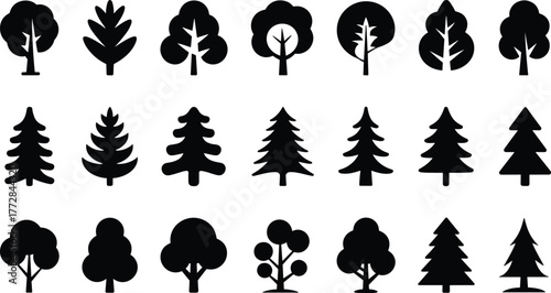 Flat vector silhouette set of diverse tree designs with rounded and conical shapes, forest elements, botanical illustration, nature icon collection