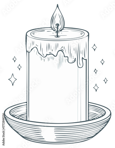 Elegant burning pillar candle illustration with melted wax drips and sparkling decorative elements