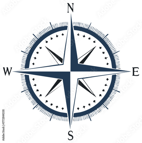 Vector compass rose symbol with North, East, South, West directional letters and point for navigation and exploration purposes.