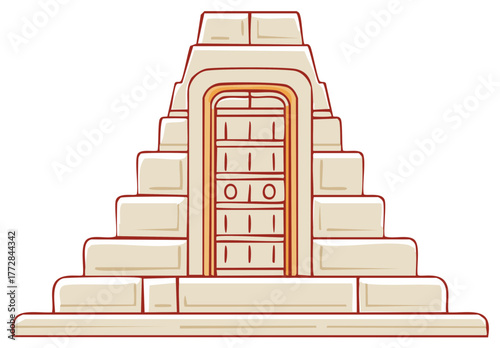 Cartoon vector illustration of ancient civilization stepped pyramid temple with mystery door