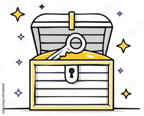 Cartoon illustration of a sparkling open treasure chest with a golden key