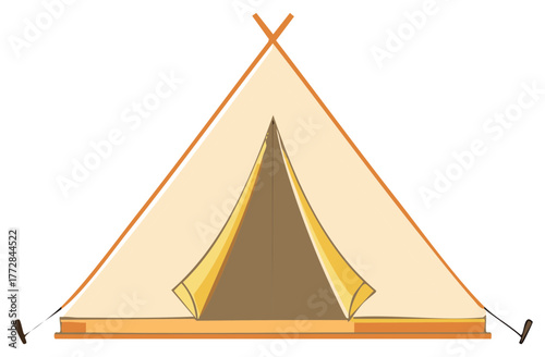 Traditional canvas A-frame camping tent with open flaps, vector illustration for outdoor recreation and adventure