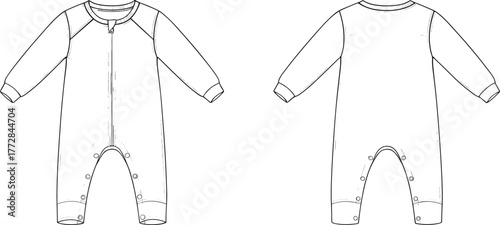 Baby romper fashion flat sketch, infant jumpsuit technical drawing, long sleeve baby bodysuit design front and back view illustration, clothing template