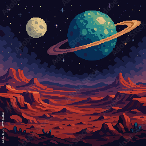 Pixel art of an otherworldly landscape featuring a blue planet and moons in a starry sky