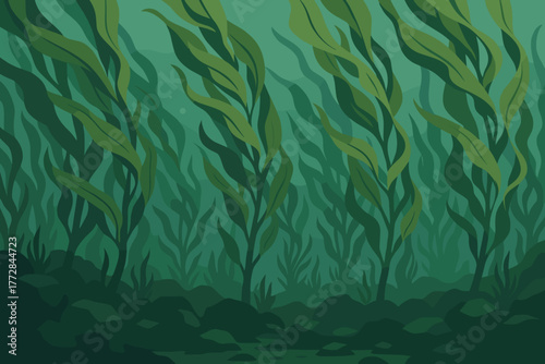 Underwater scene with lush seaweed and rocks creating a serene aquatic environment