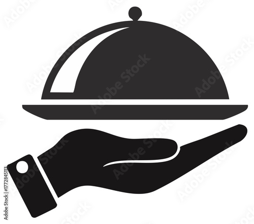 Professional hand serving food with an elegant cloche and platter, hospitality and catering icon