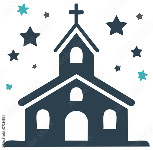 Religious church building silhouette with a cross and festive stars flat vector icon
