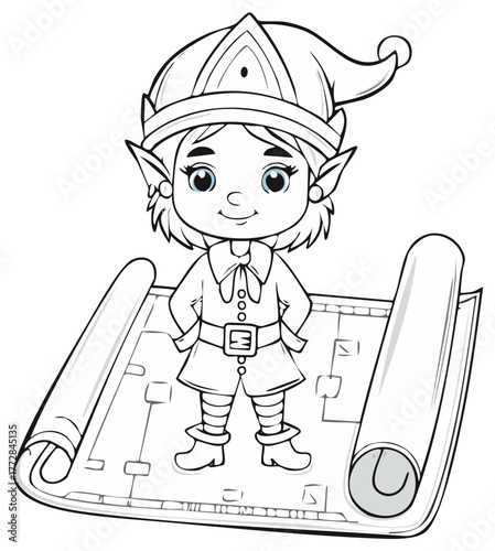 Cute Christmas elf character with a blueprint for a coloring book page