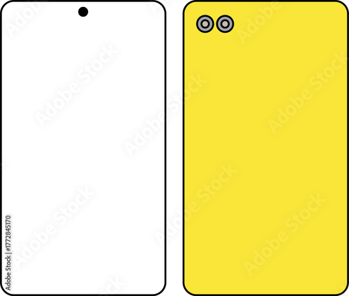 Modern smartphone front and back views yellow device with dual camera and screen illustration
