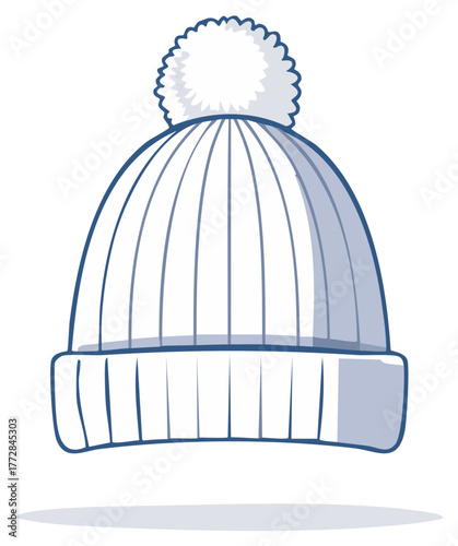 Illustration of a white winter hat with pom pom and a blue outline.