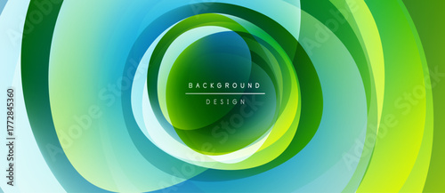 Abstract circular layers, vibrant green, blue hues. Modern design, central text reads background design. Smooth gradients create dynamic visual effect.