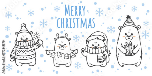 set of cute cartoon bears isolated on white. Animal in Doodle style drawing for greeting cards, Christmas cards, banners, posters and coloring pages. Vector illustration.
