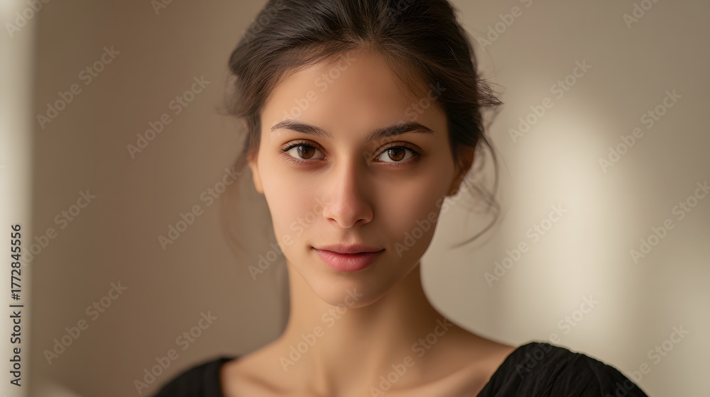 Fototapeta premium Serene portrait of a young woman radiating warmth gentle beauty and inviting peaceful realism