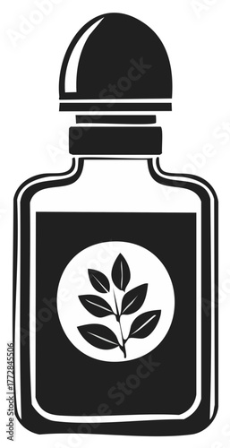 Glass perfume bottle with leaf emblem for natural essence and fragrance