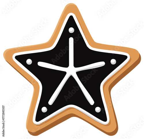 Festive gingerbread star cookie richly decorated with black and white royal icing and sugar pearl details.