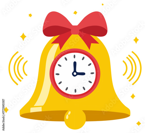 Vibrant golden bell with red bow and clock face ringing sound notification alert