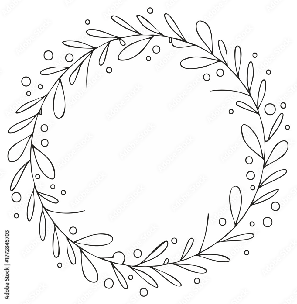 Obraz premium Minimalist hand drawn botanical wreath with leaves and berries. Elegant black and white line art circular frame.