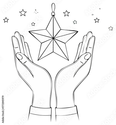 Hands holding a suspended star with scattered smaller stars
