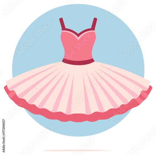 Pink tutu ballet dress, flat illustration on light blue background