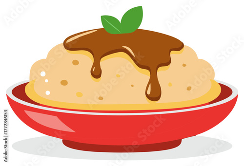 Savory mashed potatoes served in a red bowl with rich brown gravy and mint leaves for garnish