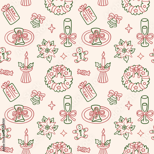 Seamless Christmas pattern in a hand-drawn line art style. Features festive wreath, gingerbread man, poinsettia, and holiday icons on a pink background.