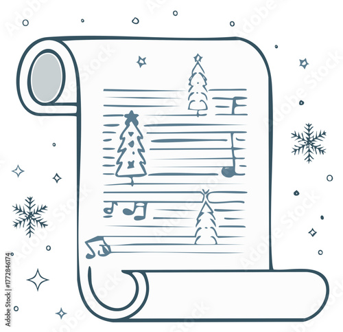 Hand-drawn Christmas music scroll with festive musical notes, pine trees, and falling snowflakes