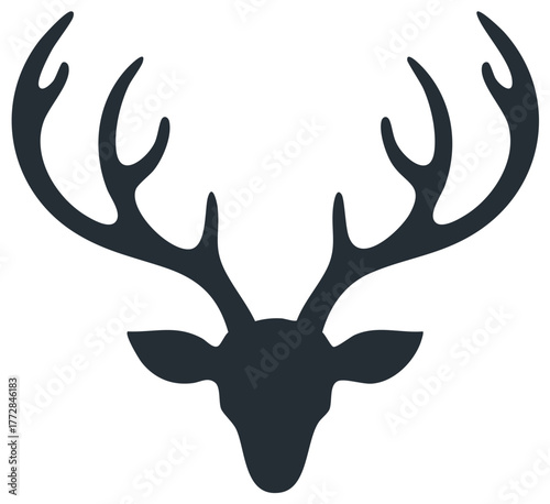 Silhouette of a majestic deer head and antlers in dark blue over a white background.