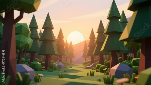 3D illustration of a pine forest landscape with warm sunset lighting.