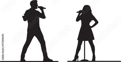 Silhouette performers on stage, a male vocalist and female singer with microphones, performing during a musical concert, illustration