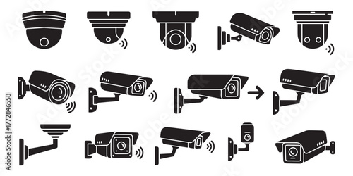 cctv icons, surveillance camera icons set 
